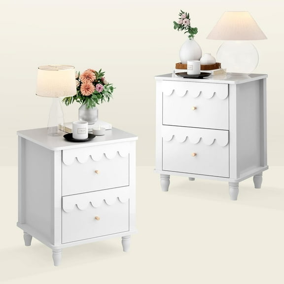 White Nightstand Set of 2 with 2 Drawers, Modern Night Stand Set 2 with Petal Pattern for Bedroom, Side End Table Scalloped Bedside Night Tables with Solid Wood Legs