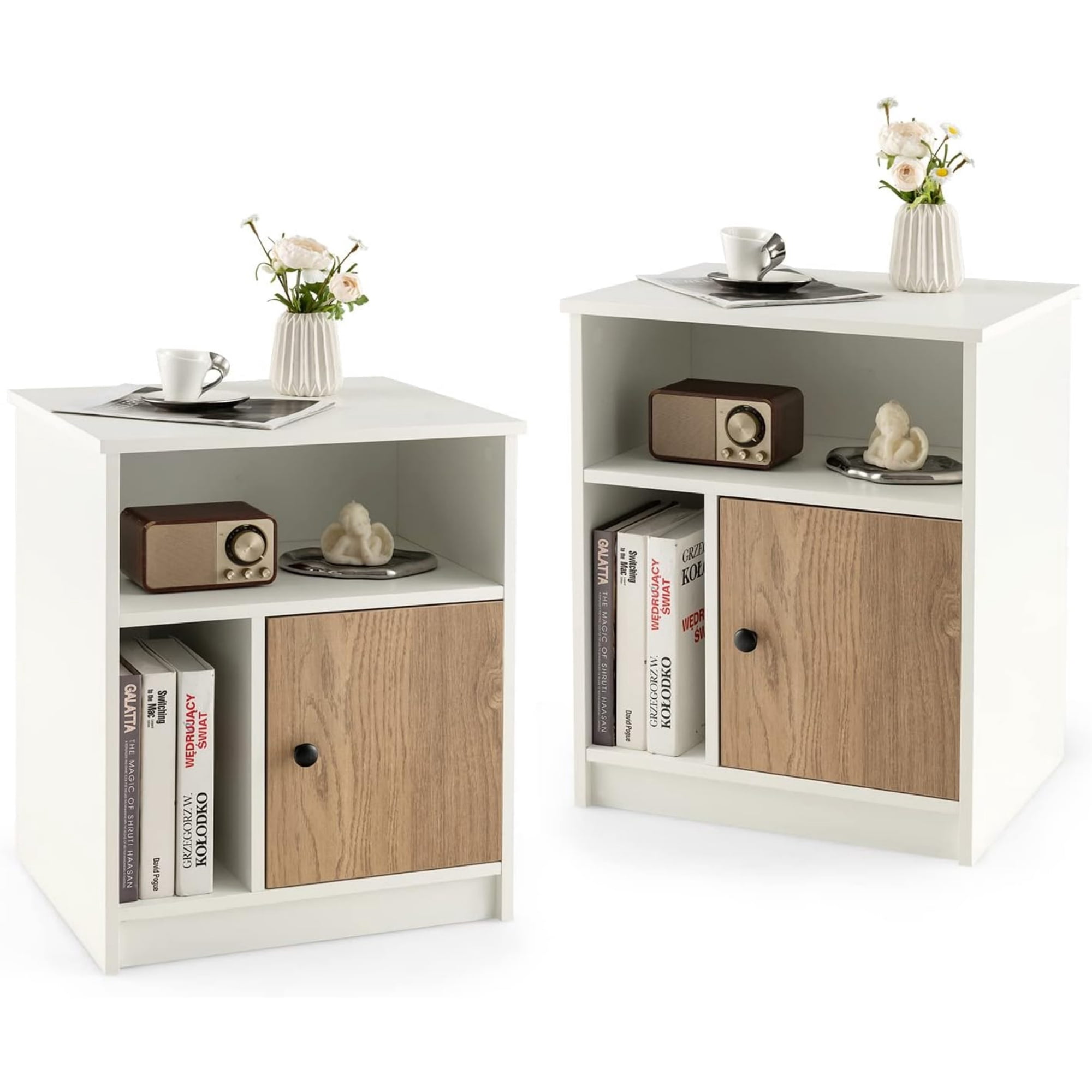 White Nightstand Set of 2, 25" Tall End Side Table with 1 Door & 2 Open ...