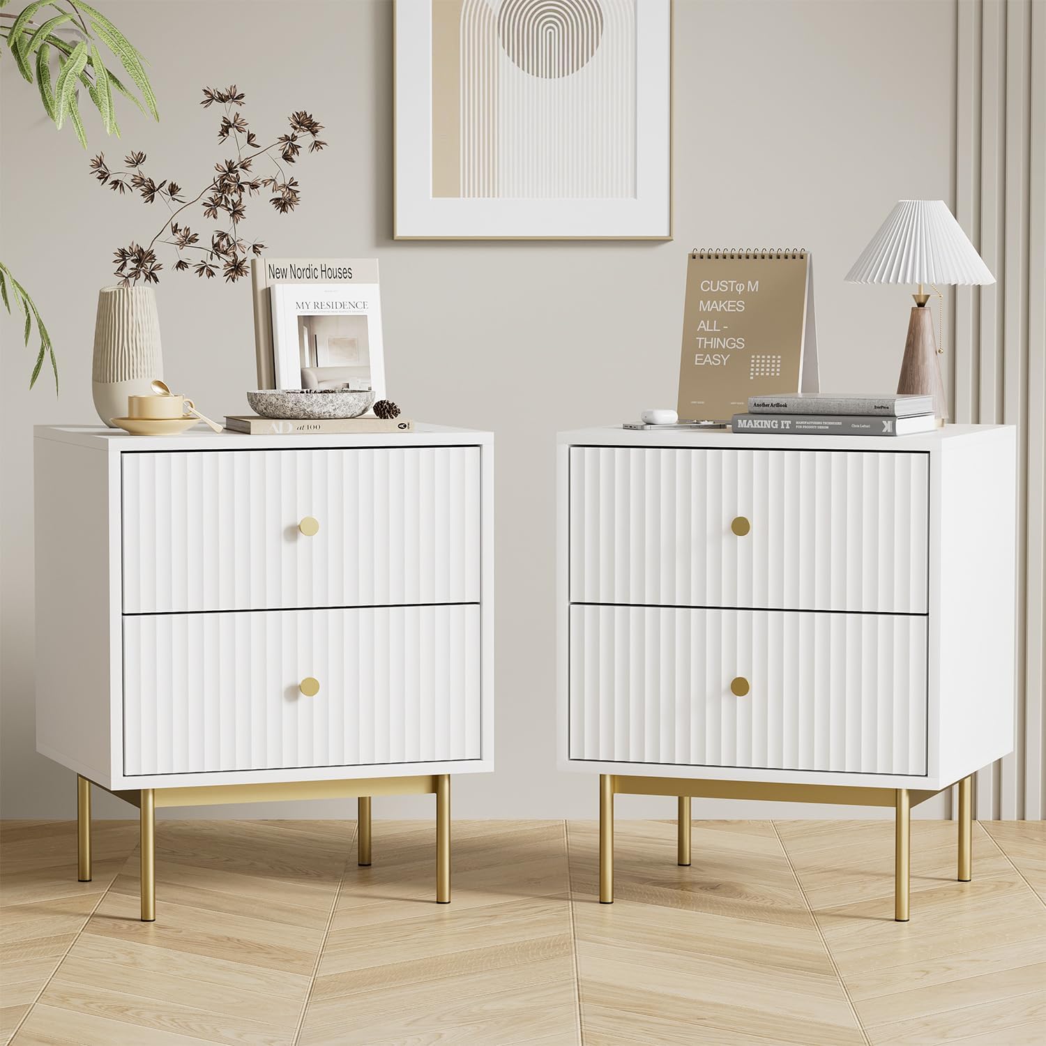 White Nightstand Set of 2 for Bedroom, Fluted nightstand with 2 Drawers ...