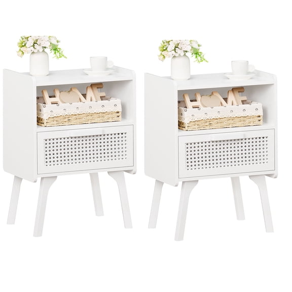 White Nightstand Set of 2,Boho Bedside Tables with Rattan Decor Drawer and Open Storage Shelf, Night Stand and Dresser Set Side Table End Table for Bedroom Living Room Entryway
