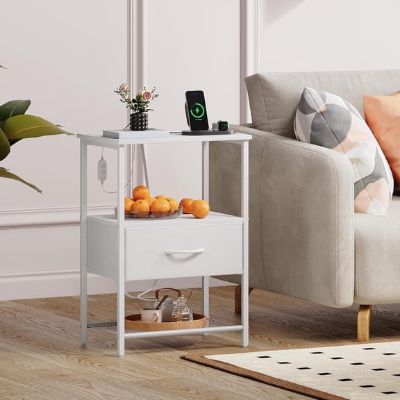 White Nightstand Set of 2 with Charging Station and LED Light for Bedroom, Bedside Table End Table for Dorm Guest Room Bedside Kids Laundry Closet Entryway Hallway, White Leather