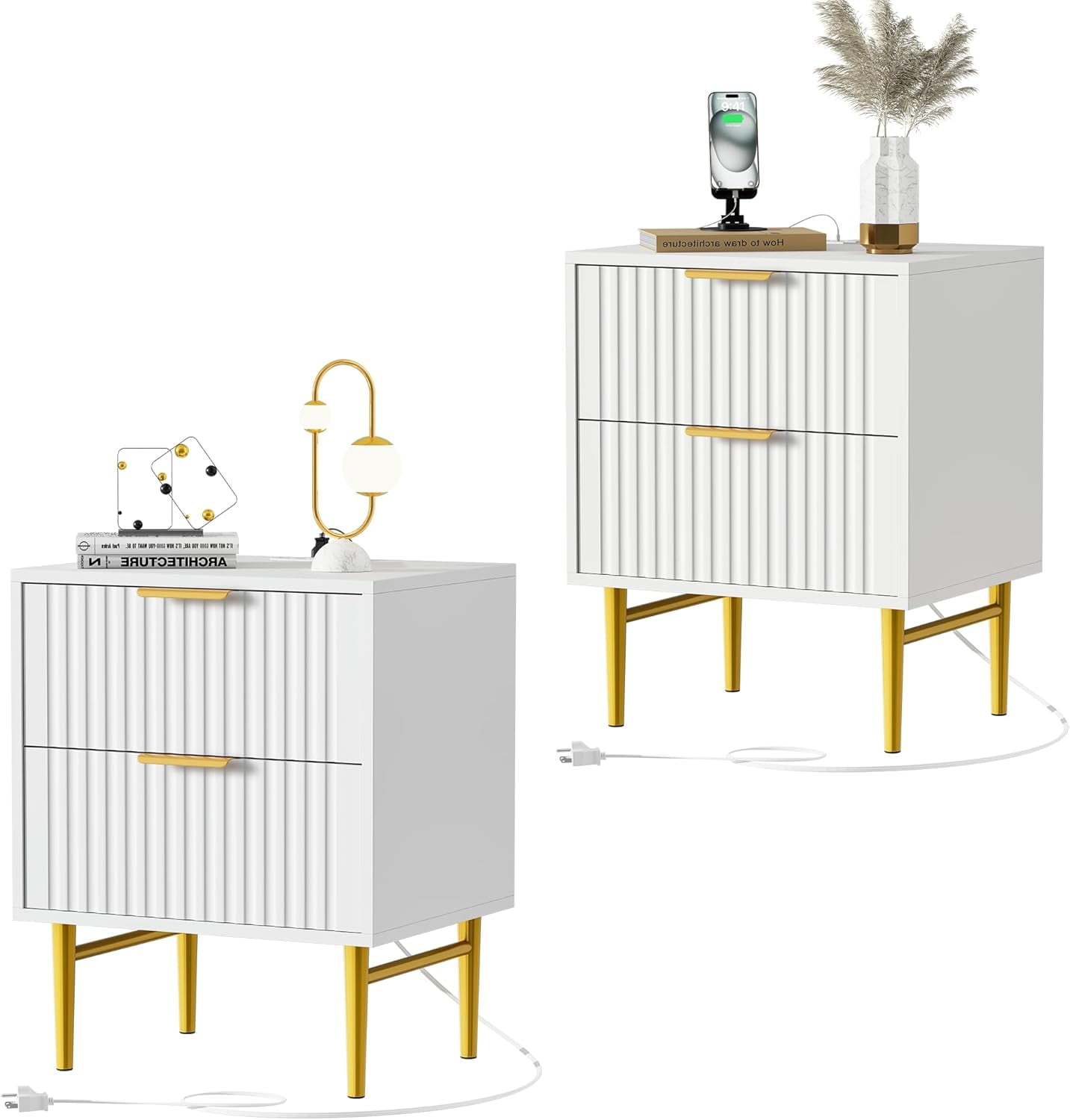 VINGLI Set Of 2 Nightstands With Charging Station - Brown, 19.7"W, 2 Drawers, USB Ports & Outlets, Wood & MDF