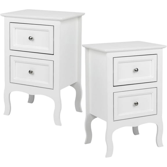 White Nightstand Set of 2. Farmhouse End Side Table Set of 2 Bedside Nightstands Chest with Drawers Small Night Stand with 2 Drawer and Solid Wood Legs for Bedroom, Living Room