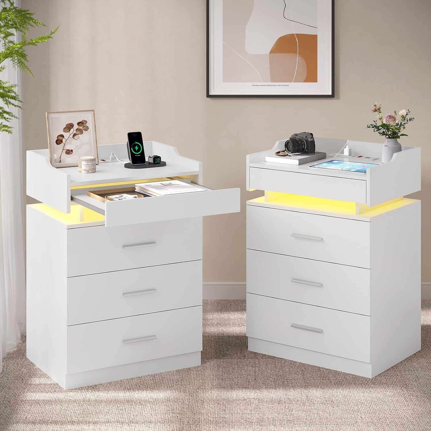 White Nightstand Set of 2,LED Night Stand with Charging Station & Pull ...