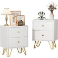 thumbnail image 1 of White Nightstand Set of 2, White and Gold Night Stand with 2 Drawers, Modern End Table with Metal Legs and Gold Handles, Bedside Table for Bedroom, Hallway, 1 of 9