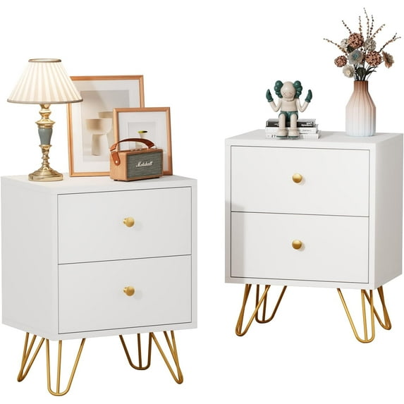 White Nightstand Set of 2, White and Gold Night Stand with 2 Drawers, Modern End Table with Metal Legs and Gold Handles, Bedside Table for Bedroom, Hallway