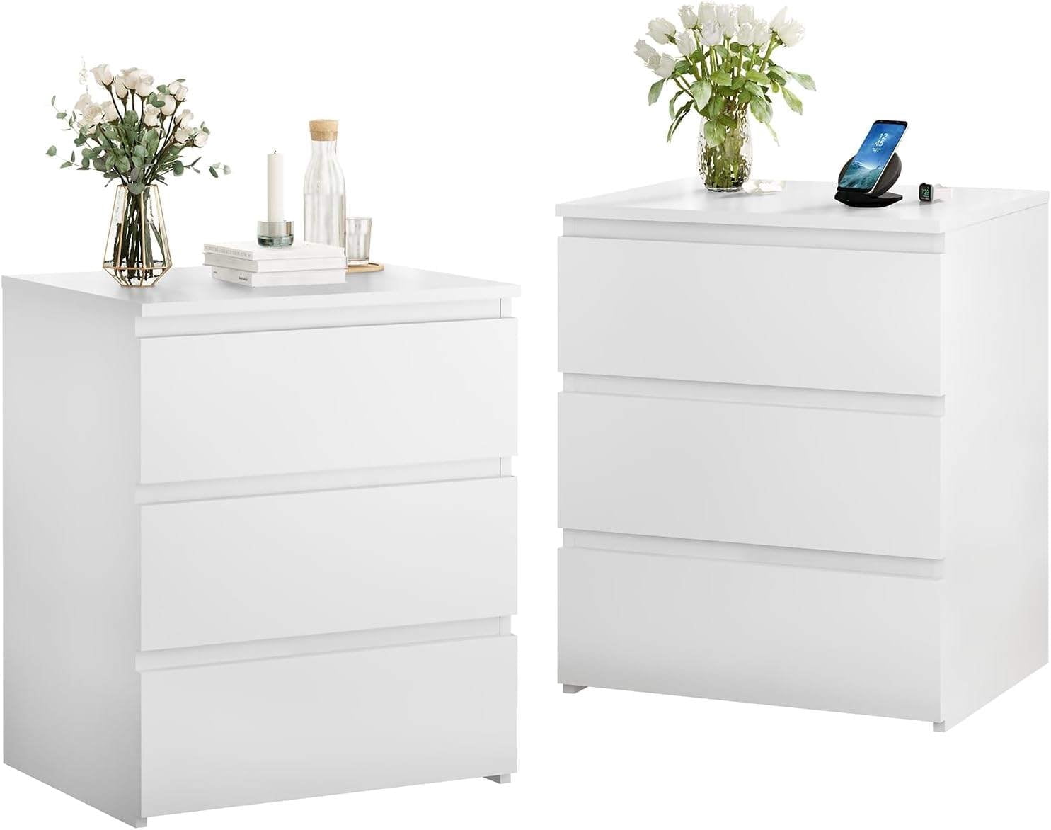 White Nightstand Set of 2,Wooden Bedside Table with 3 Drawers,Bedside ...