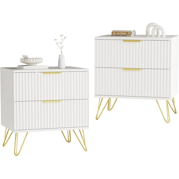 White Nightstand Set of 2, Modern Night Stand Bedside Table with 2 Storage Drawer, Bed Side End Table with Golden Handles and Legs for Bedroom, White