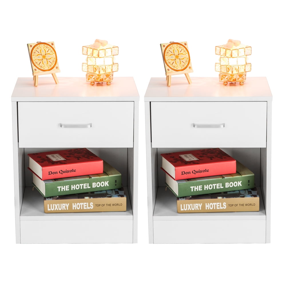 White Nightstand Set of 2, Modern Storage Bed Side Table with Drawer