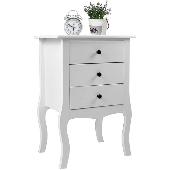 White Nightstand Side Table with 3 Drawers, Modern Bed Side Storage Cabinet Table Wooden End Table Accent Table with Solid Wood Legs for Bedroom