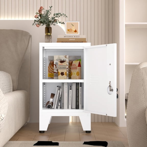 White Nightstand, Single Door Pantry Cabinet with Adjustable Shelf and Feet can be Used as Side Table, Stackable Small Storage Cabinet for Bedroom, Living Room, Office and Gym