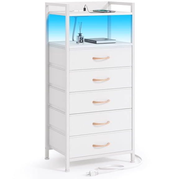 White Nightstand With Charging Station, 5 Drawers, LED Light, Metal Frame & Textured Fabric Finish