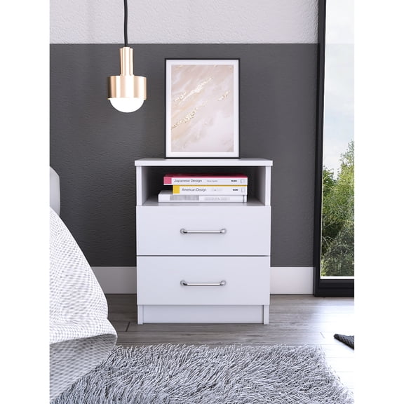 White Nightstand with 2 Drawers 1 Shelf / Enhanced Bedroom Storage Solution