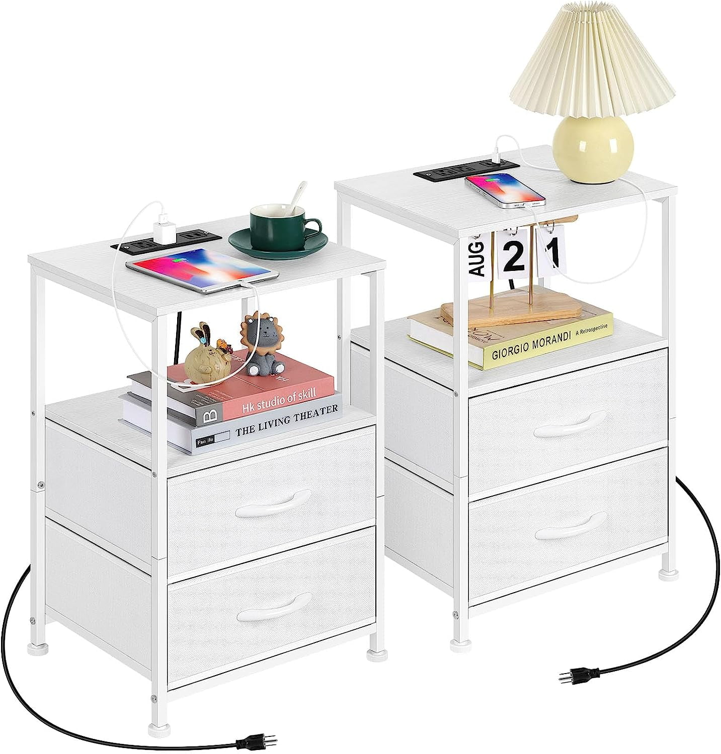 White Metal Nightstand Set with Fabric Drawers and USB Charging Station