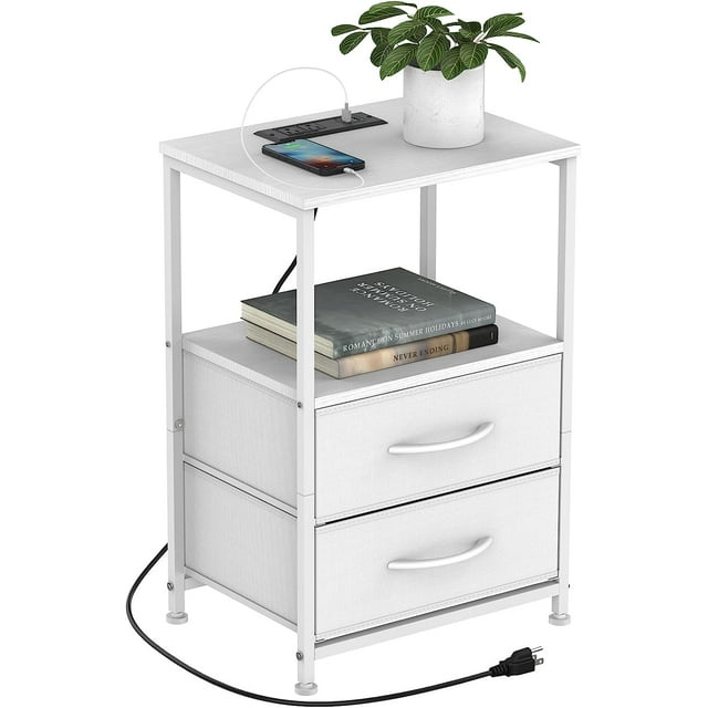 White Nightstand with 2 Fabric Drawers End Table with Charging Station