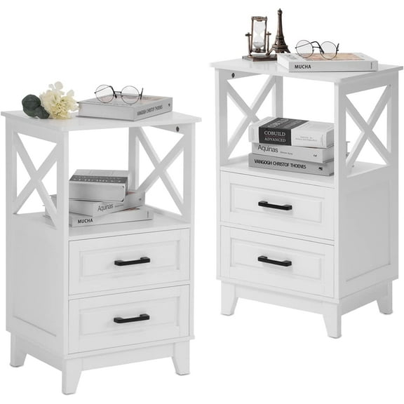 White Nightstand with 2 Storage Drawers Cabinet, Tall End Table with Wooden X-Design for Bedroom,Living Room, White