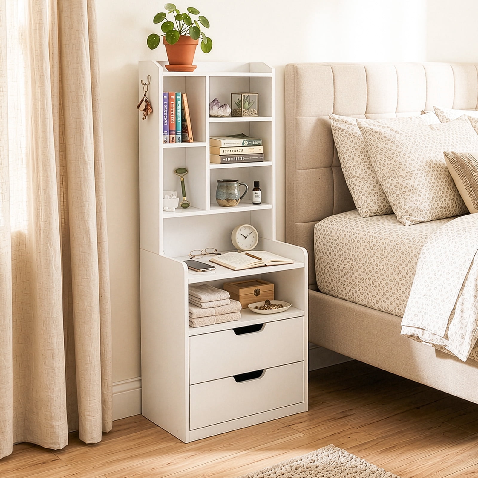 White Nightstand with Charging Station, 2 Drawers and 7 Shelves, 17.32 x 13.78 x 50 in