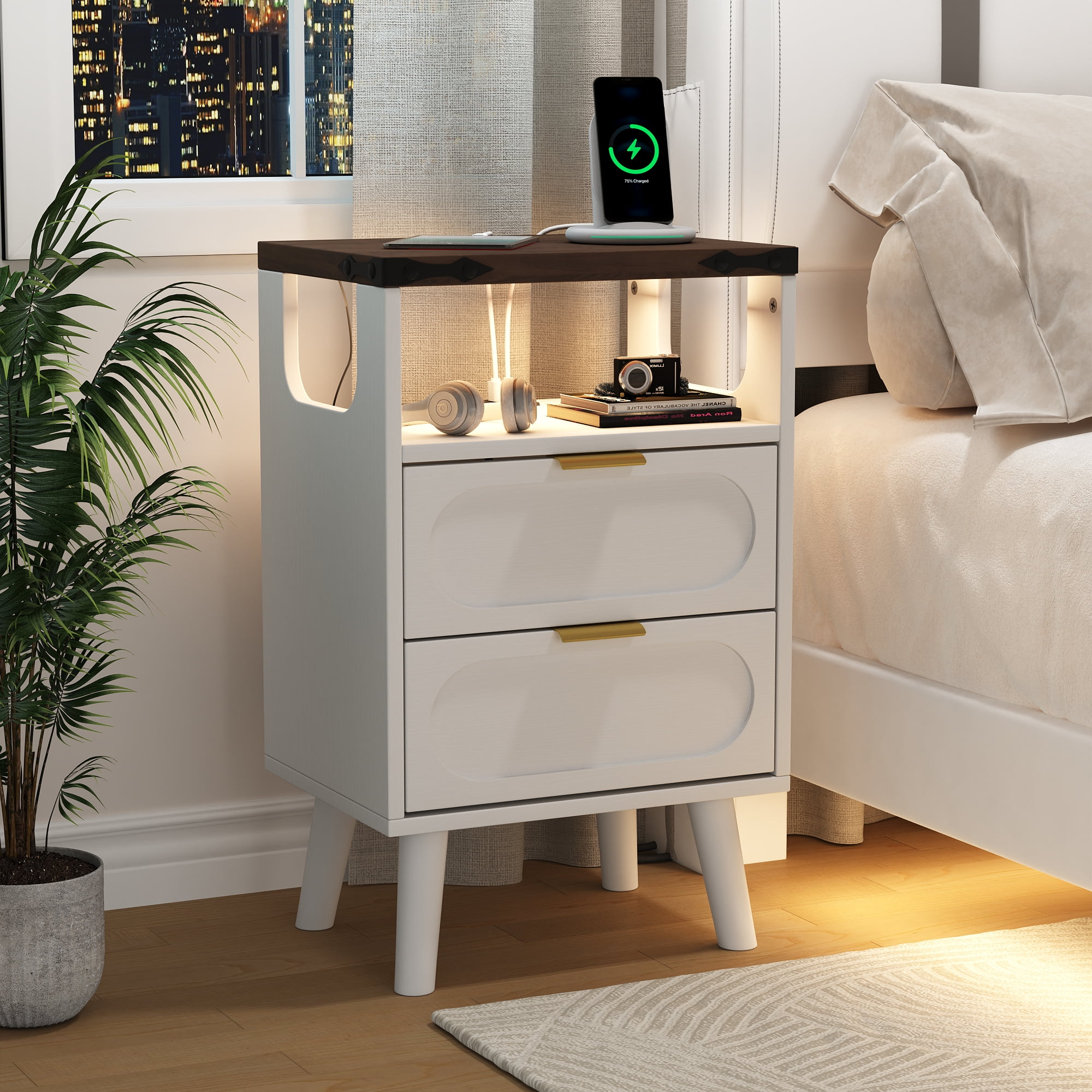 IDEALSOUL Nightstand with Charging Station, Smart Led Nightstand with 2 Drawer, Modern Bedside Table End Side Table Nightstands for Bedroom, Living Room, White