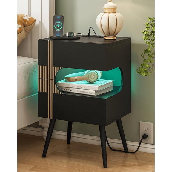 White Nightstand with Charging Station and LED Lights,Modern Bedside Table with 2 Storage Drawer,Night Stand with Solid Wood Legs,White (White-2)