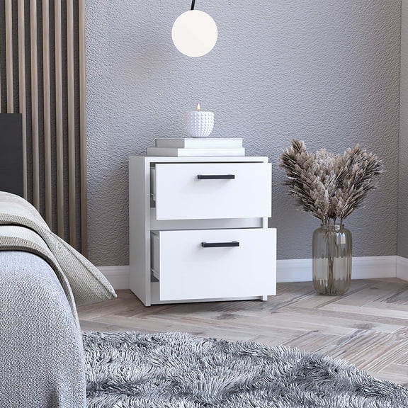 White Nightstand with Checkered Drawers, 2 Drawers for Bedroom, Living Room