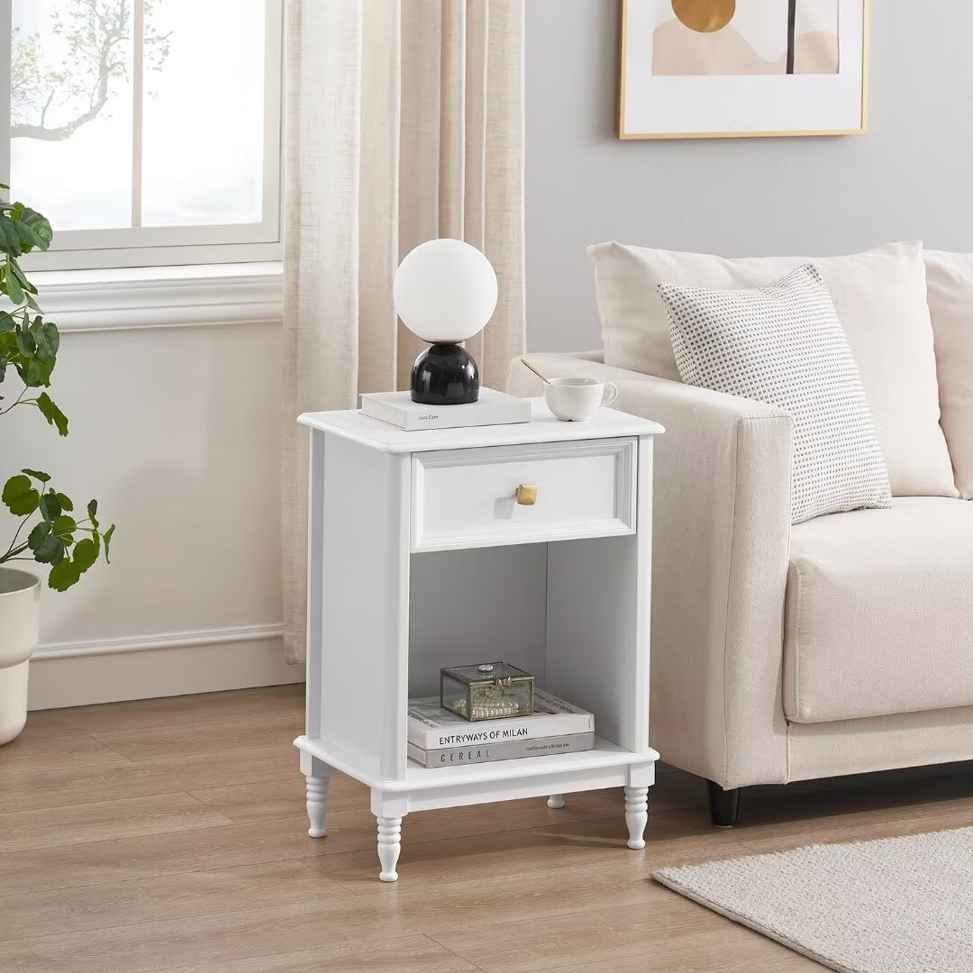White Nightstand with Drawer, Wooden Side End Table with Shelf for