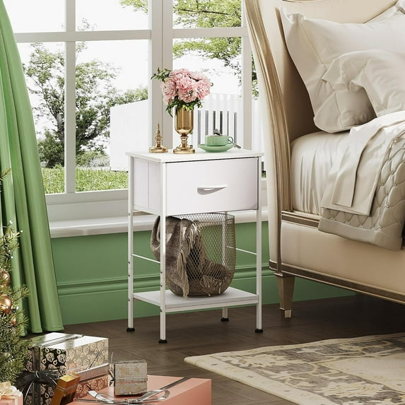 White Nightstand with Fabric Drawer and Open Shelf, Small Bedside Table for Bedroom, Dorm, Easy Assembly