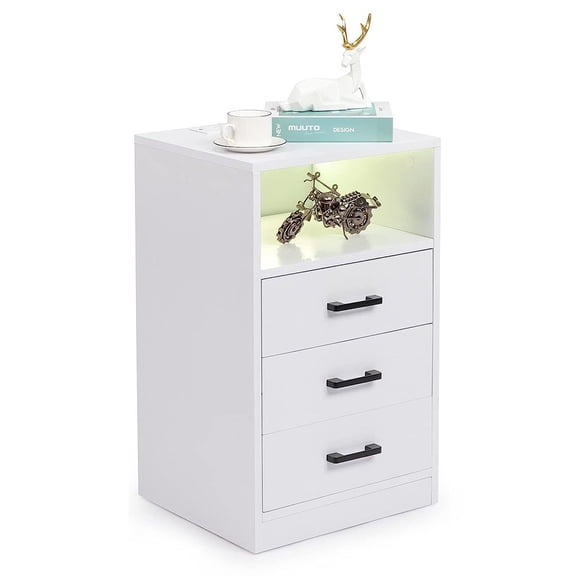 White Nightstand with LED Lights and Charging Station, LED Bedside Table with Open Storage, 2 Drawers