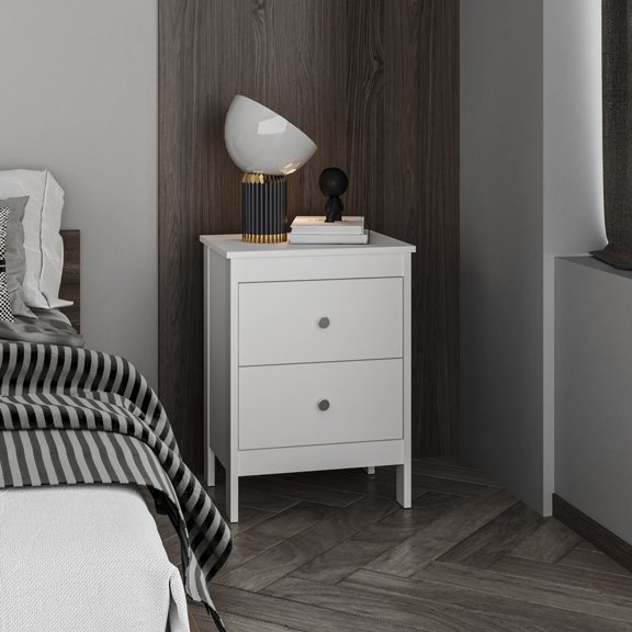 White Nightstand with Two Drawers and Open Shelf, Modern Bedside Table for Small Spaces, 15L x 18.9W x 25.9H