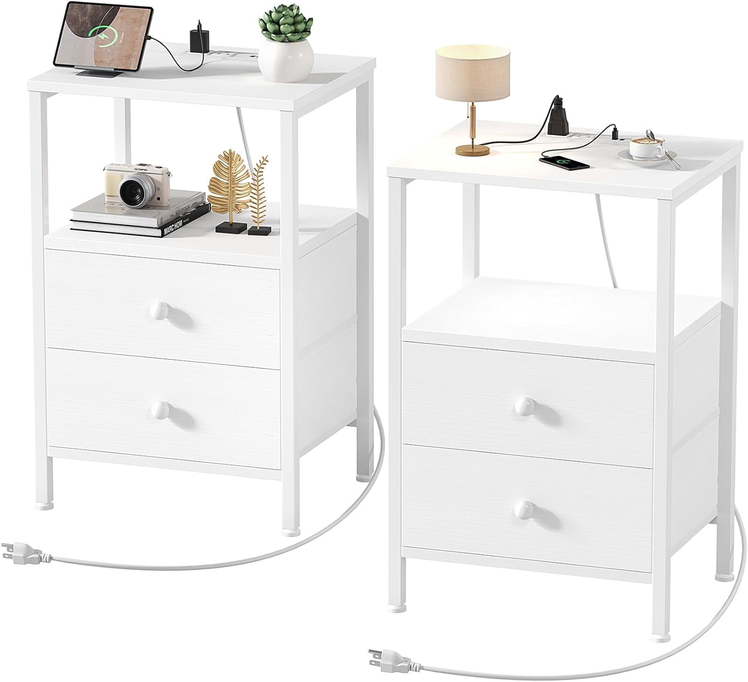 White Nightstands Set of 2 with Charging Station, Bedroom Night Stand