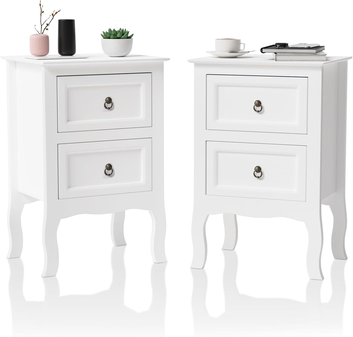 White Nightstands Set of 2, ToolFree Setup Nightstand, 2 Drawer Night