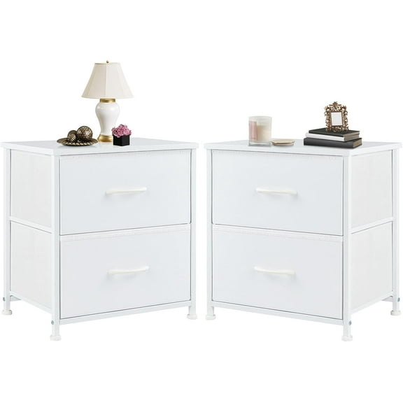 White Nightstands Set of 2 with Two Drawer Side Tables Living Room 2 Drawer Dresser Bedroom End Bedside Table Cabinet with Storage Night Stand, Wooden Top Metal Frame Handle, 20'' Tall