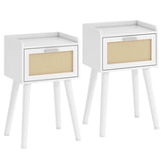White Nightstands Set of 2, Mid-Century Cane Drawer Side Tables for Bedroom