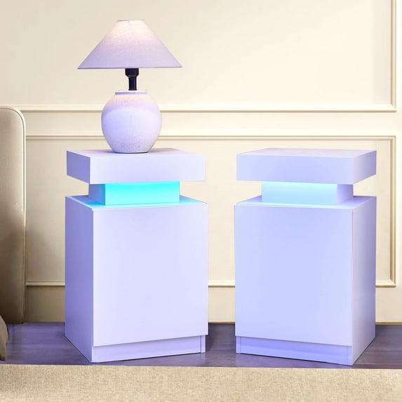 White Nightstands Set of 2, Modern End Table with LED Lights, Bedside Table with Large Storage, 2 Night Stands for Bedrooms