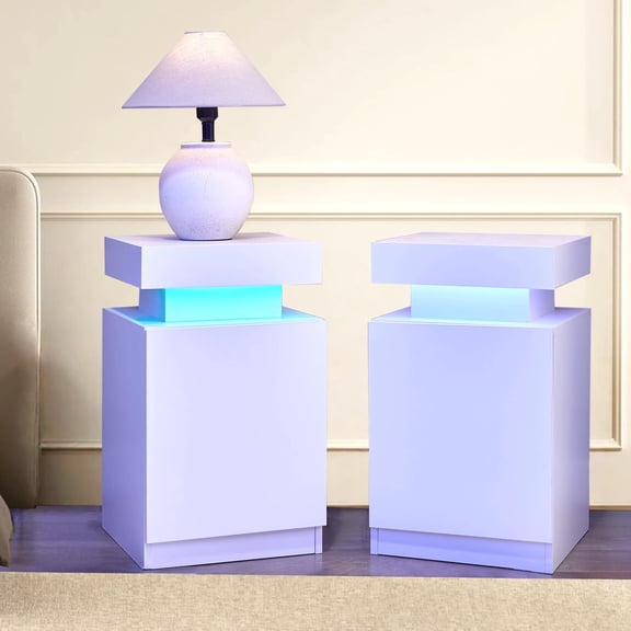 White Nightstands Set of 2, Modern End Table with LED Lights, Bedside Table with Large Storage, 2 Night Stands for Bedrooms