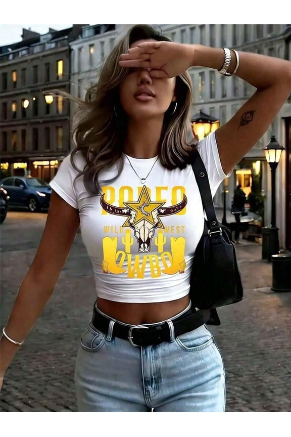 White Nine Womens Fitted Cropped Short Sleeve Graphic Tee With Rodeo Cowboy Wild West Bull Skull Print