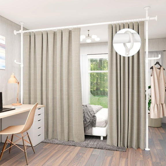 White No-Drill Room Divider Curtain Rod - Adjustable 4-10ft(W) x 4-10ft(H) Heavy Duty Tension Stand with Hanging Hooks, Floor to Ceiling Partition for Room Separation
