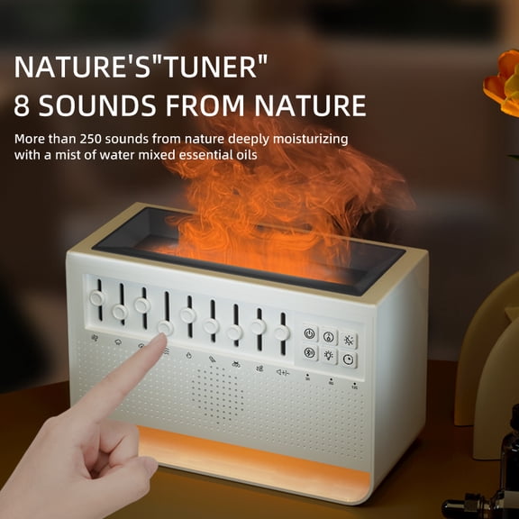 White Noise Flame Aromatherapy Diffuser, Bluetooth Speaker with 8 Nature Sounds, 0.05 Gallon Essential Oil Humidifier with Simulated Flame Light, Timer & Night Light for Home Office Bedroom