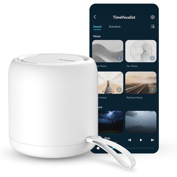 White Noise Sound Machine & Alarm Clock: Color Noises and Custom Soundscapes, App Control, Sleep Schedule, Multiple Alarms, 100 Volume Levels, Built-in Battery