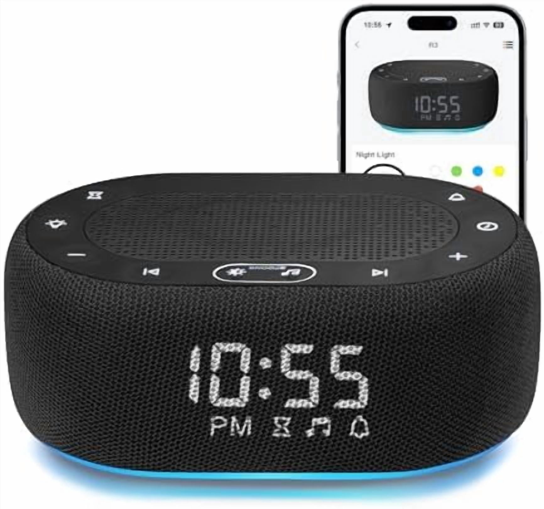 White Noise Sound Machine with Alarm Clock, Pink Noise Maker for Baby Adult Sleeping, 30 Soothing Sounds, Easy App Controlled, Dimmable 7-Color Night Light, Sleep Timer, 30 Volume Levels - Black