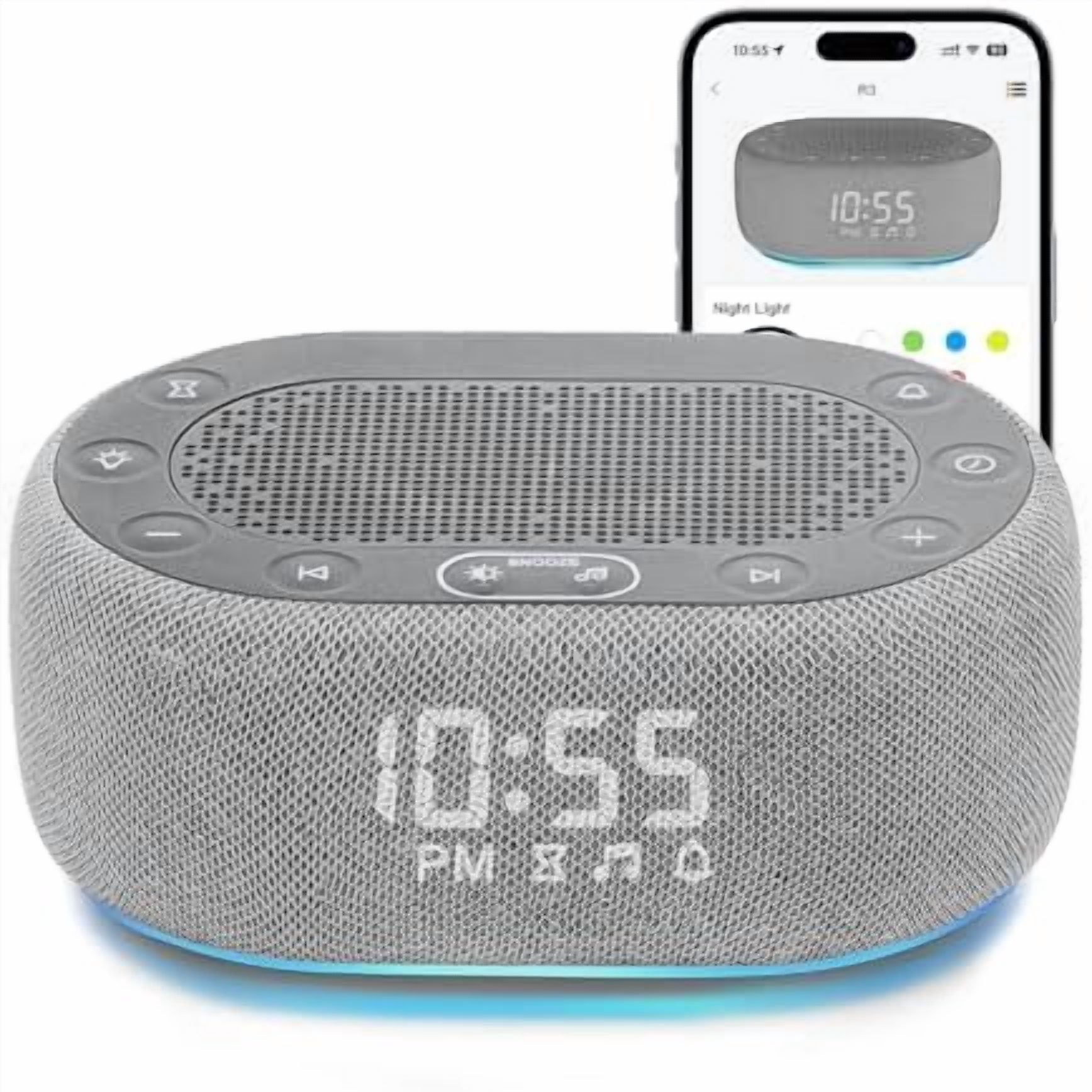 White Noise Sound Machine with Alarm Clock, Pink Noise Maker for Baby Adult Sleeping, 30 Soothing Sounds, Easy App Controlled, Dimmable 7-Color Night Light, Sleep Timer, 30 Volume Levels - Grey