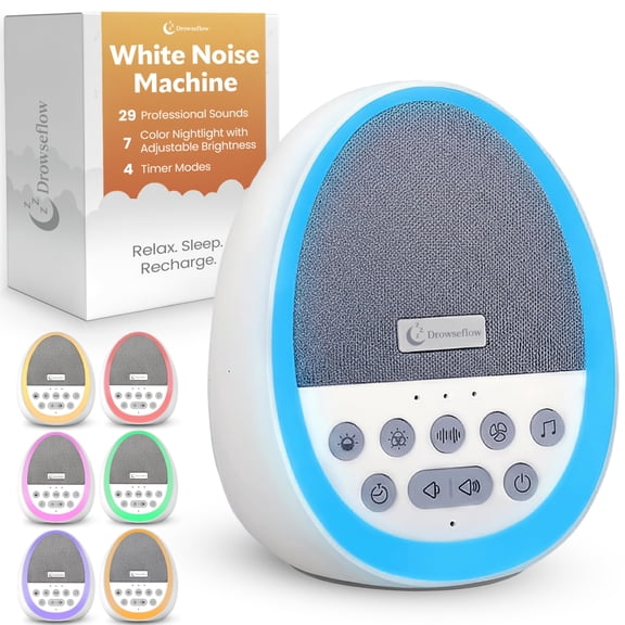 White Noise Sound Machine for Sleep, 29 Non-Looping Sleep Sounds, 7-Color Nightlight, 4 Timers, Memory, USB-C Charging, Hanging Rope for Crib/Stroller, for Baby, Kids, Adults, Travel.
