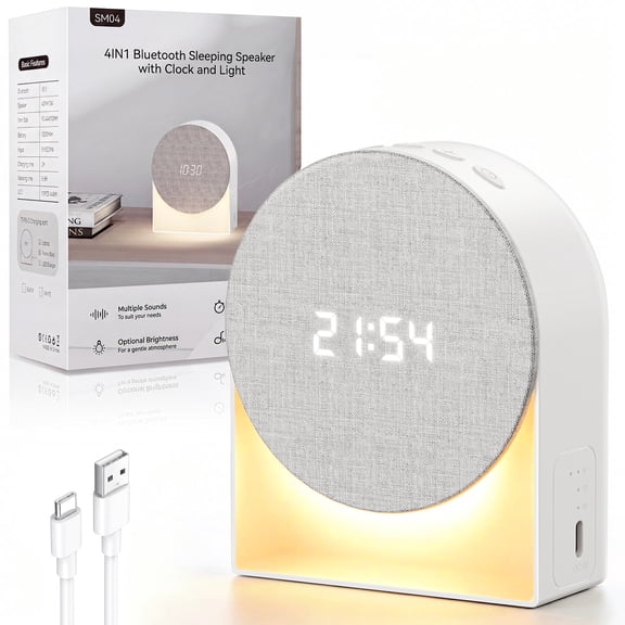 TCVOR 4 in 1 White Noise Machine with Bluetooth Speaker | Night Light | Digital Clock & Alarm, Multi-Function Sound Machine with 6 Soothing Sounds & Auto-off Sleep Timer (15/30/60 Min)