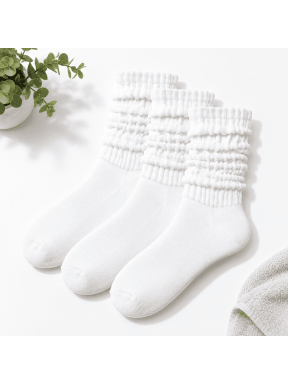White Non-Cushioned One Size Scrunch Boot Crew Socks, 3 Pairs