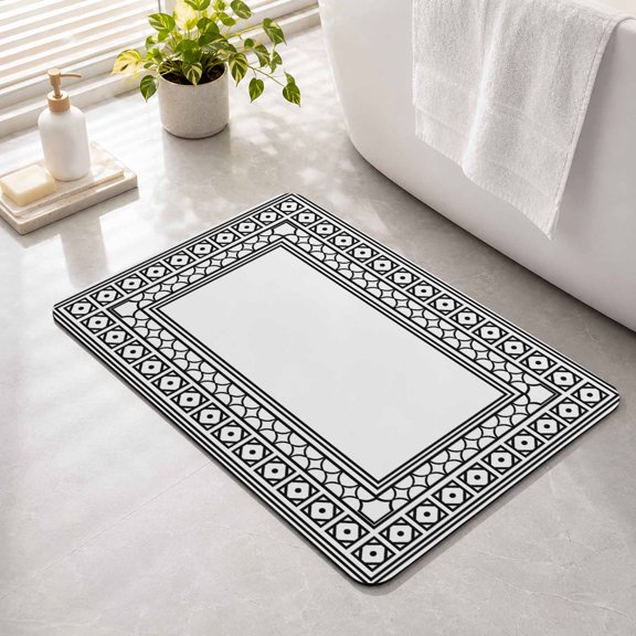 White Non Slip Bathroom Mat, Boho Diamond Pattern Border Rustic Southwestern Absorbent Bath Mat Rubber Backed Quick Dry Doormat Fit Under Door for Bathtub Shower Sink Kitchen 16"x24"