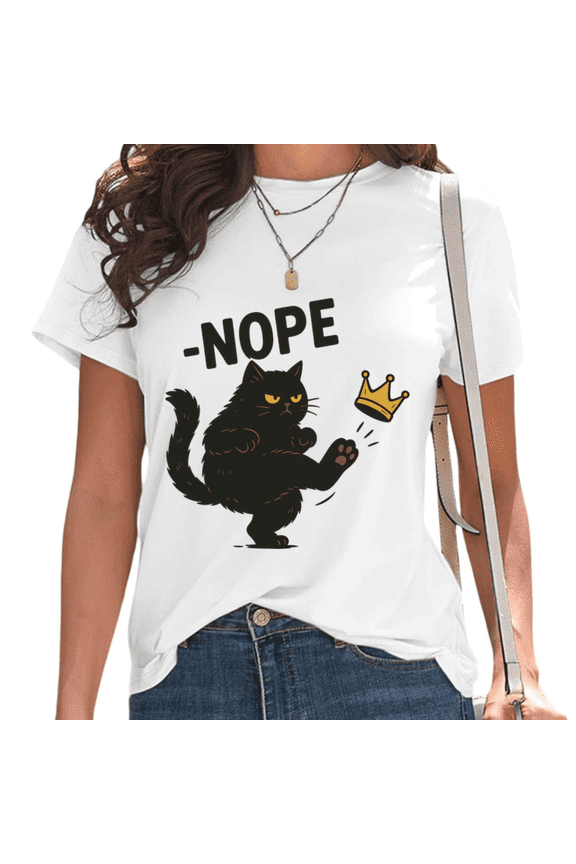 White Nope Black Cat Kick Crown Print Tshirt Graphic Tees Shirts Funny Sassy Cat Lover Tops S-5XL