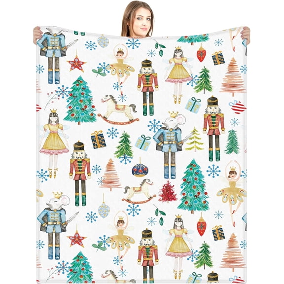White Nutcracker Ballet and Christmas Tree Pattern Throw Blanket Soft Plush Fleece for Holiday Home Decor