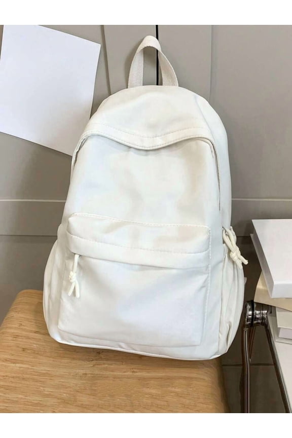 White Nylon Casual Daypack With Front Pocket And Drawstring Sides
