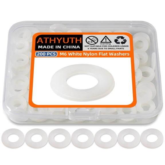 White Nylon Washers, 6mm ID, 12mm OD, 1.2mm Thickness, Plastic Flat Round Washers, 200 Pieces Nylon Washer Hardware Set