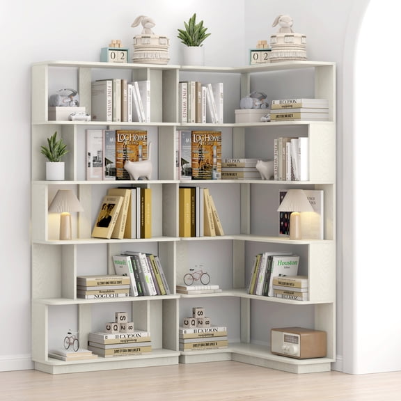 White Oak 35.43" Left Extended Corner Bookcase, Flexible Extendable 6-Tier Open Bookshelf, Anti-Tipping Freestanding Organizer Shelf for Office