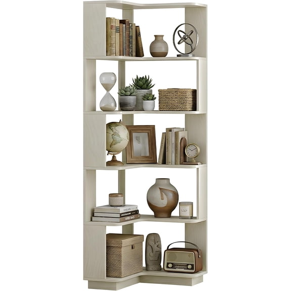 White Oak 5-Tier L-Shaped Corner Bookshelf with Open Shelves, Anti-Fall Panels and Anti-Tipping Device